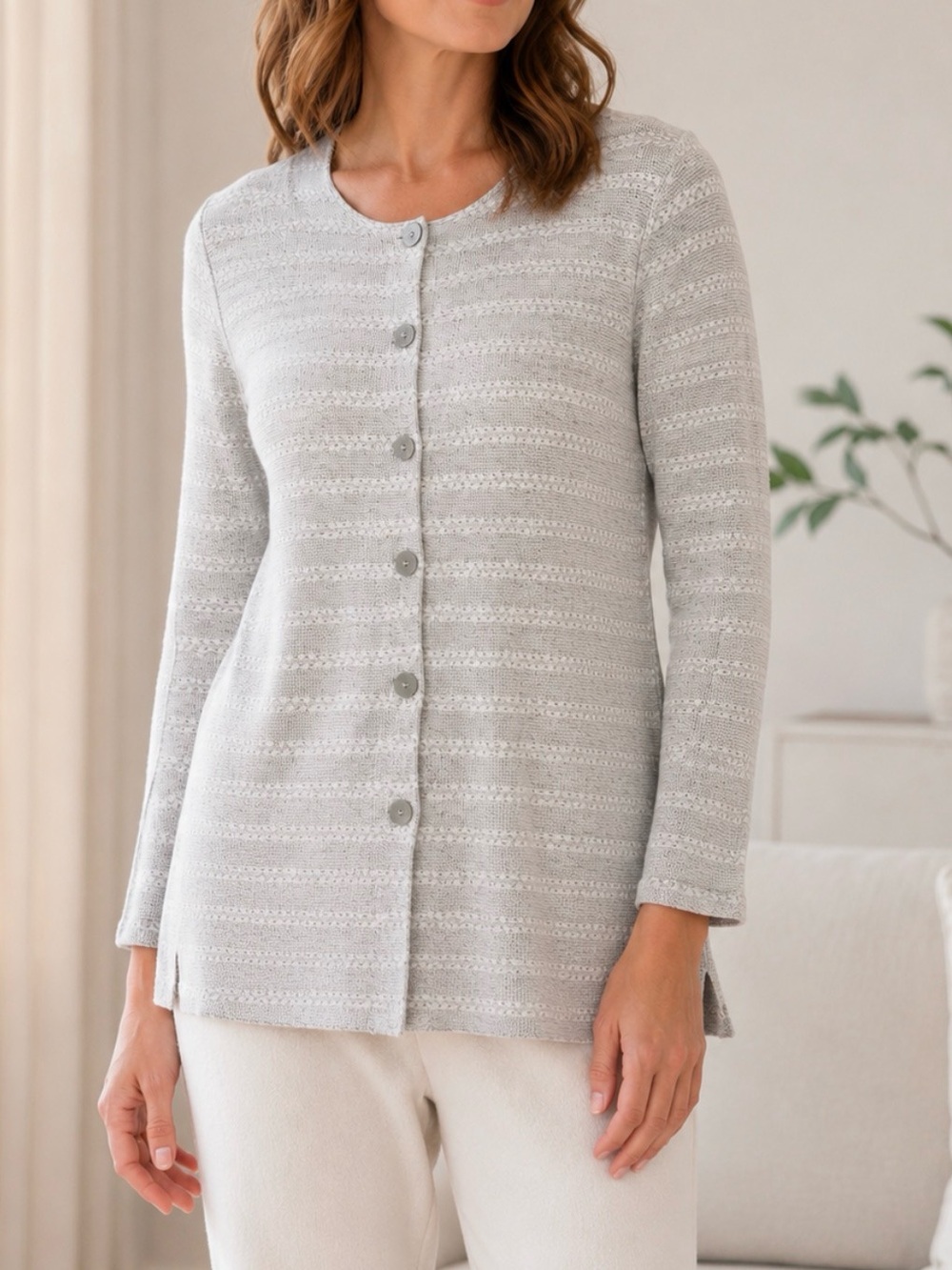 Hanro of Switzerland M grey-white stripe cotton button down cotton cardigan